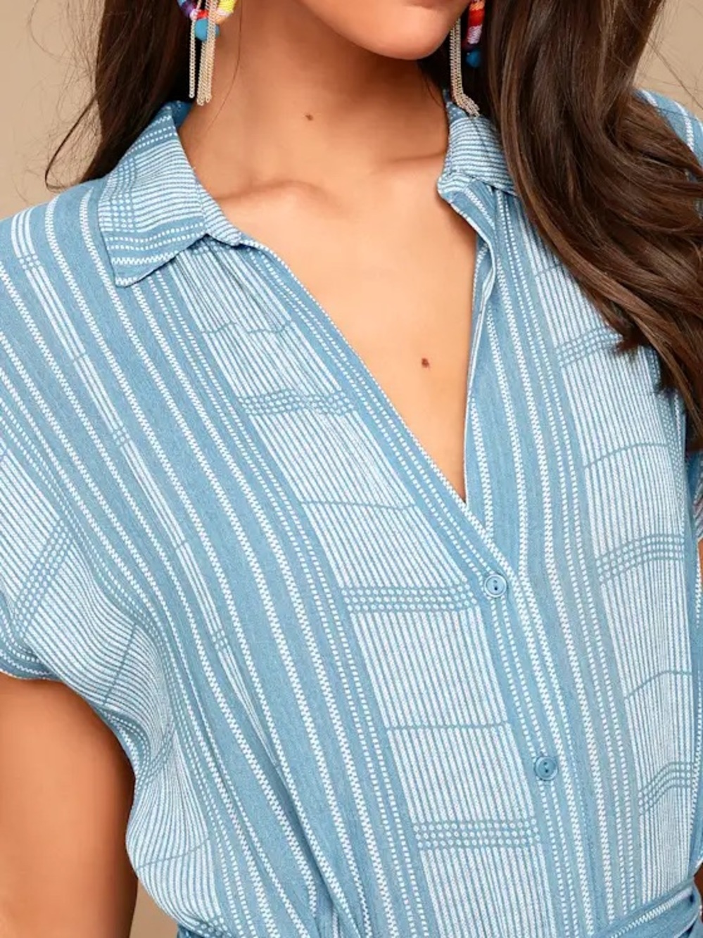 LUSH Light Blue Striped Belted Button-Front Midi Dress - Picture 3 of 8